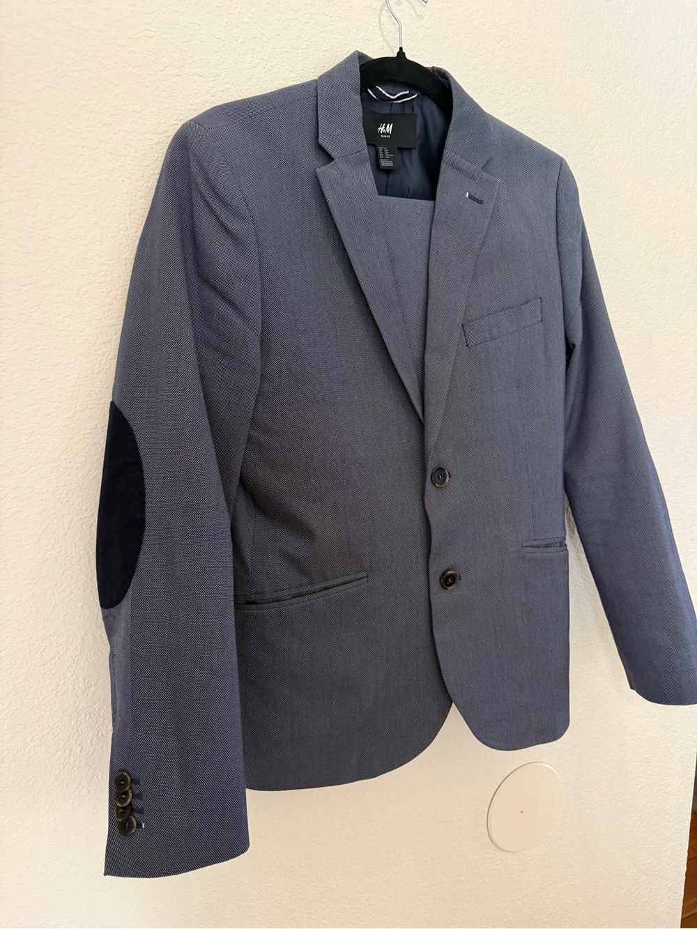 H&M Men's Slate Blue Blazer with Black Elbow Patches